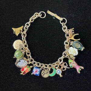 Vintage Charm Bracelet Elephant Cameo Cloisonne Wishbone Turtle Pig Flower Fish